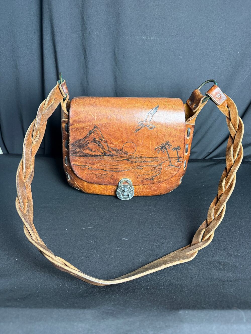 Vintage 1970s Hand Carved Leather Crossbody Bag Coastal Ocean Scene